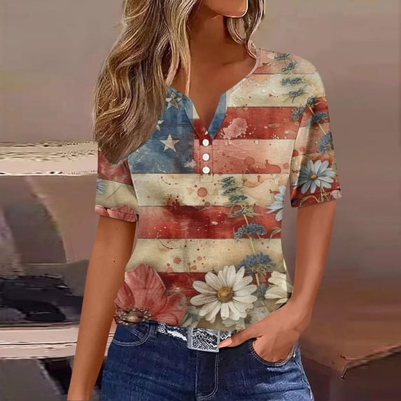 Youyipin womens tops Fourth of July Shirts for Women Patriotic USA Flag Tops Summer Casual Basic Blouse Stars Stripes Tees short sleeve shirts for women