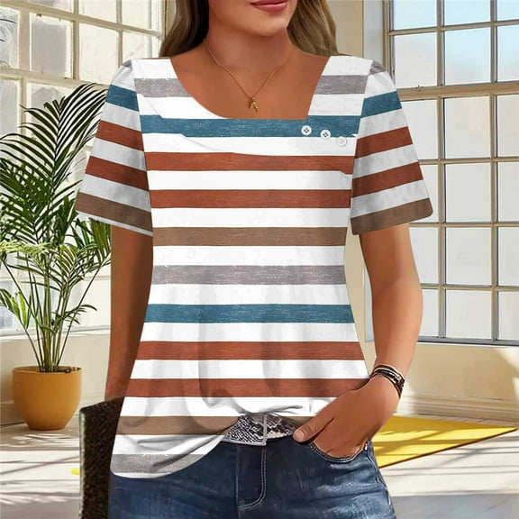 Youyipin womens tops Petal Sleeve Summer Trendy T Shirt Casual Loose Square Neck Button Blouse Tees short sleeve shirts for women