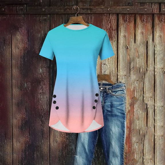 Youyipin womens tops Short Sleeve Shirts for Women Summer Crewneck Irregular Hem Button Shirts Casual Long Tunic Tops Womens Blouses summer tops for women