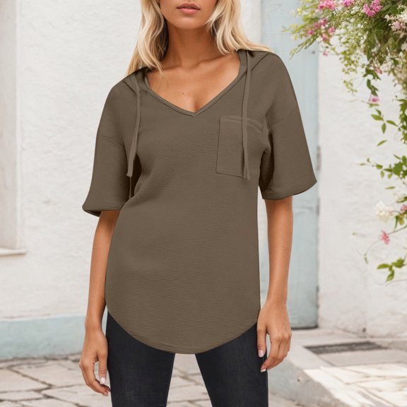 Youyipin womens tops V Neck Hoodie Sweatshirts Lightweight Pullover Tops short sleeve shirts for women