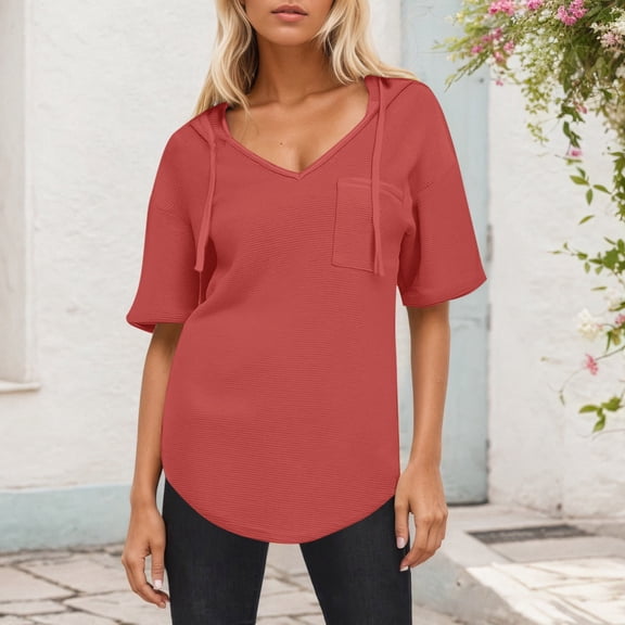 Youyipin womens tops V Neck Hoodie Sweatshirts Lightweight Pullover Tops short sleeve shirts for women
