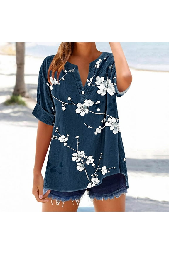 womens tops V-neck Short Sleeved flower Printe Button Short Sleeved Loose Fashion T-shirt summer tops for women
