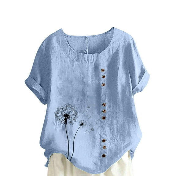 Youyipin womens tops Women Casual And Linen Round Neck Top Printed Short Sleeve Button T-shirt Blouse spring tops for women
