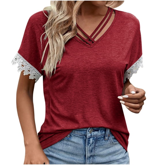 Youyipin womens tops Women Lace Short Sleeve v neck Shirts Dressy Casual Tops Summer Tee Shirt spring tops for women