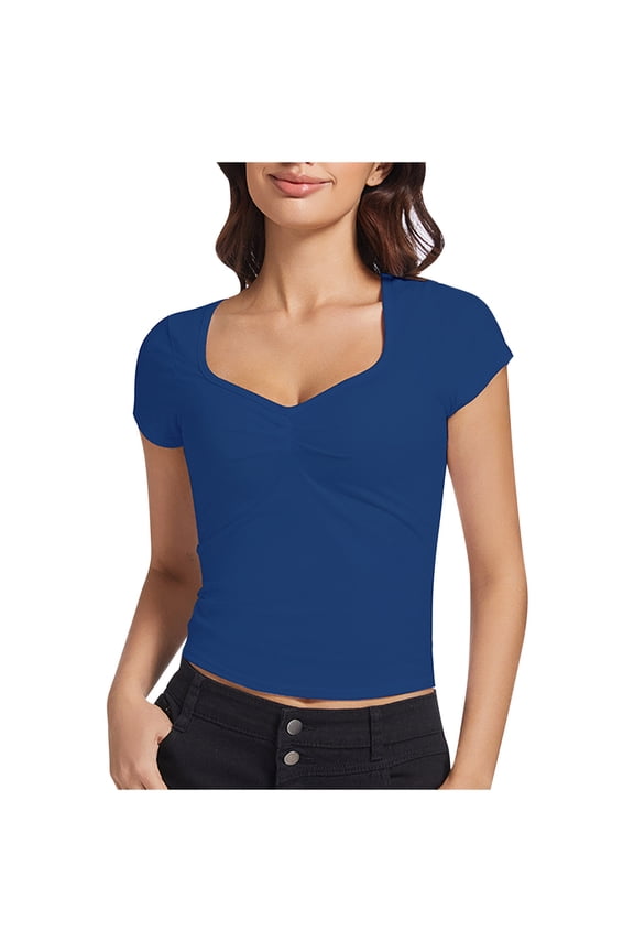womens tops Women's Sexy Twist Front V Neck T Shirts Double Lined Slim Fit Crop Top Trendy Y2K Tee short sleeve shirts for women