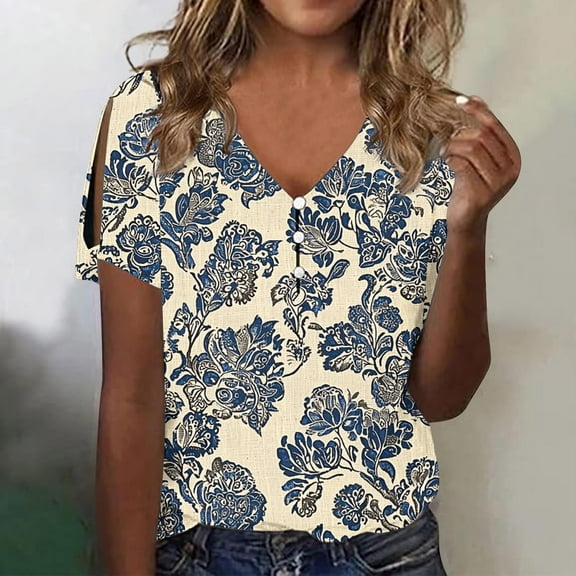 Youyipin womens tops Women's Shirts Dressy Casual Plus Size Blouses V Neck Folding Cuff Boho short sleeve shirts for women