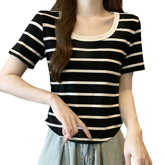 Youyipin womens tops Women's Striped T Shirts Short Sleeve Crop Tee Top Slim Fitted Knit Tops spring tops for women