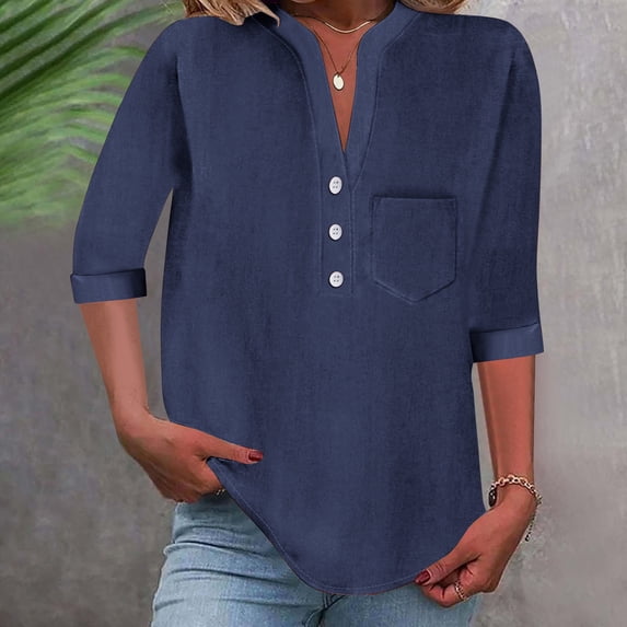 Youyipin womens tops Womens 3/4 Sleeve T-Shirts V Neck Buttons Tops Basic Tee Solid Color Blouse Loose Fit Pullover Shirts 2025 summer tops for women