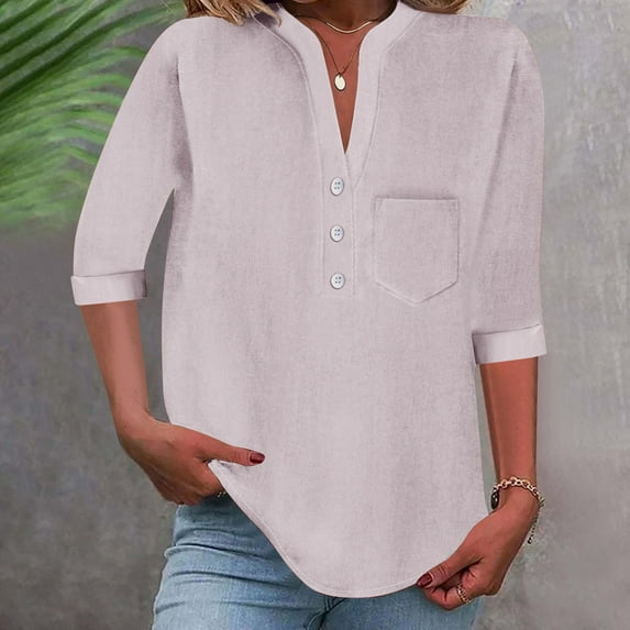 Youyipin womens tops Womens 3/4 Sleeve T-Shirts V Neck Buttons Tops Basic Tee Solid Color Blouse Loose Fit Pullover Shirts 2025 summer tops for women