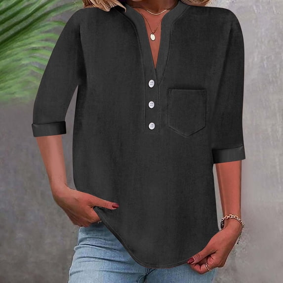 Youyipin womens tops Womens 3/4 Sleeve T-Shirts V Neck Buttons Tops Basic Tee Solid Color Blouse Loose Fit Pullover Shirts 2025 summer tops for women