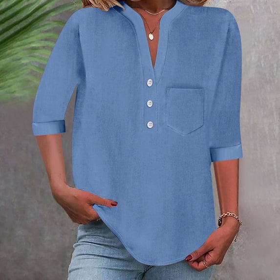 Youyipin womens tops Womens 3/4 Sleeve T-Shirts V Neck Buttons Tops Basic Tee Solid Color Blouse Loose Fit Pullover Shirts 2025 summer tops for women