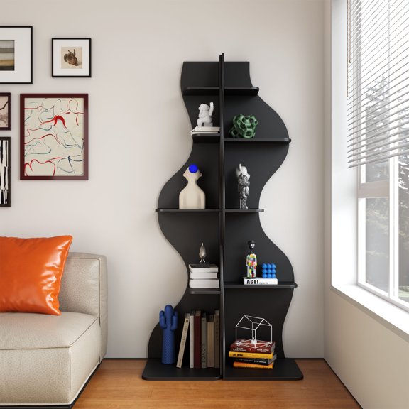 Yowos Corner Bookcase, 5 Tier Modern Black Bookshelf Set of 2 Small Storage Rack Stylish Accent Wavy for Small Space, Plant Stand