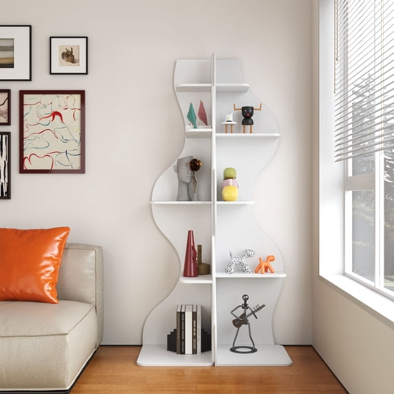 Yowos Corner Bookcase, 5 Tier Modern White Shelf Set of 2 Wavy Small Storage Rack Stylish Accent for Small Space, Plant Stand