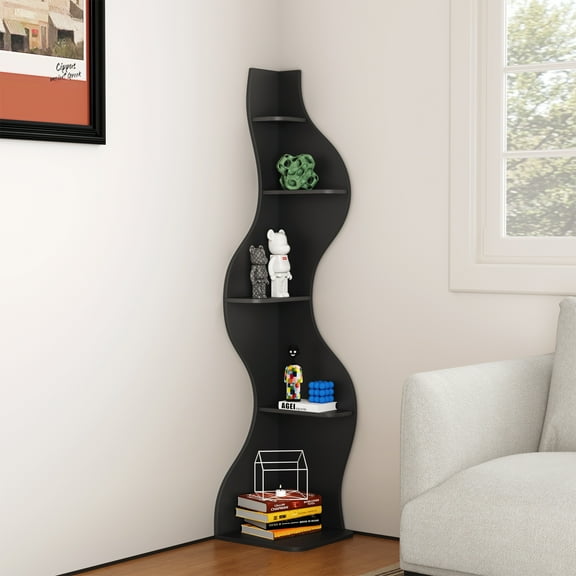 Yowos Corner Bookshelf, 5 Tier Modern Wall Shelf Black Bookcase Small Storage Rack Stylish Accent Wavy for Small Space, Plant Stand