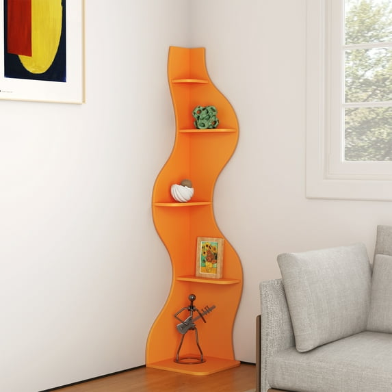 Yowos Corner Bookshelf, 5 Tier Modern Wall Shelf Bookcase Small Storage Rack Stylish Accent Wavy for Small Space, Plant Stand, Orange