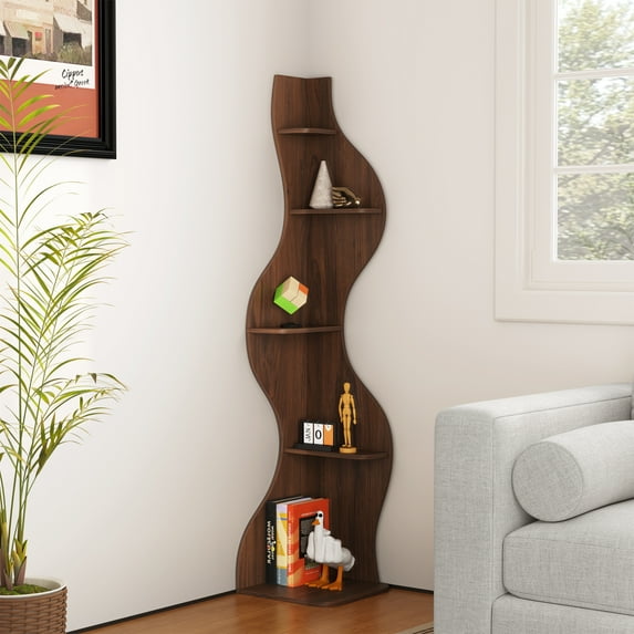 Yowos Corner Bookshelf, 5 Tier Walnut Bookcase Modern Wavy Wall Shelf Small Storage Rack Stylish Accent for Small Space, Plant Stand