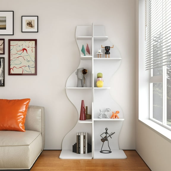 Yowos Corner Shelf, 5 Tier Modern Wall Shelf White Bookcase Set of 2 Wavy Small Storage Rack Stylish Accent for Small Space, Plant Stand