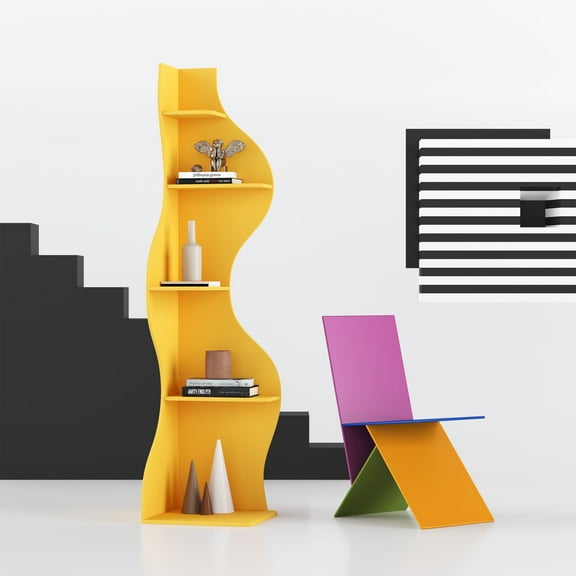 Yowos Corner Shelf, Modern 5-Tier Bookcase, Stylish Wavy Corner Small Bookcase Storage Rack Plant Stand with Unique Shape for Living Room, Home Office, Yellow