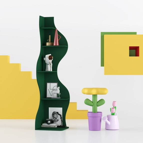 Yowos Corner Shelf, Modern 5-Tier Small Bookcase, Stylish Wavy Corner Storage Rack Plant Stand with Unique Shape for Living Room, Home Office, Green