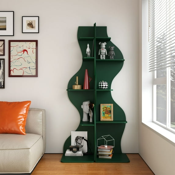 Yowos Corner Shelf, Modern 5-Tier Wall Corner Bookshelf, Set of 2 Small Bookcase Storage Rack Plant Stand with Unique Shape for Living Room, Home Office, Green