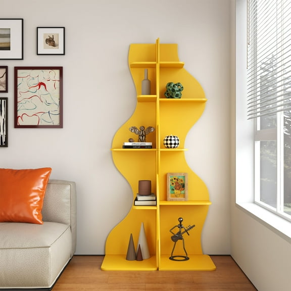 Yowos Corner Shelf, Modern 5-Tier Wall Corner Bookshelf Set of 2, Stylish Wavy Corner Small Bookcase Storage Rack Plant Stand with Unique Shape for Living Room, Home Office, Yellow
