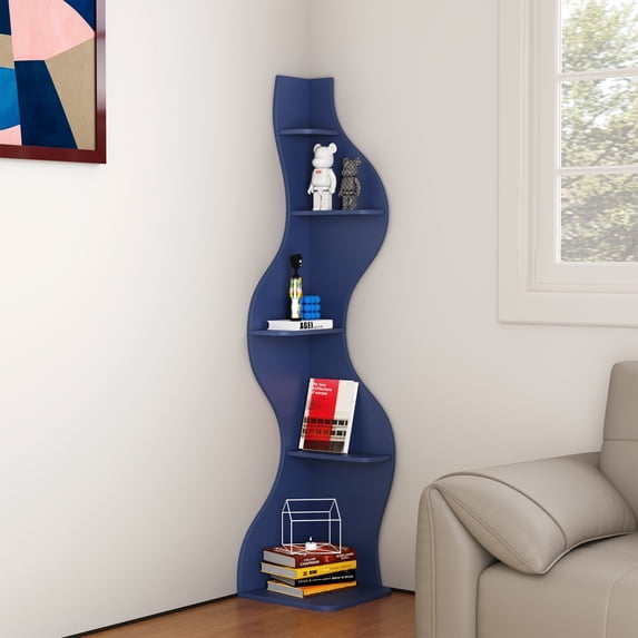 Yowos Corner Shelf, Modern 5-Tier Wall Corner Bookshelf, Stylish Corner Small Bookcase Storage Rack Wavy Plant Stand with Unique Shape for Living Room, Home Office, Blue