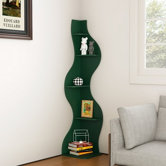 Yowos Corner Shelf, Modern 5-Tier Wall Corner Bookshelf, Stylish Wavy Corner Small Bookcase Storage Rack Plant Stand with Unique Shape for Living Room, Home Office, Green