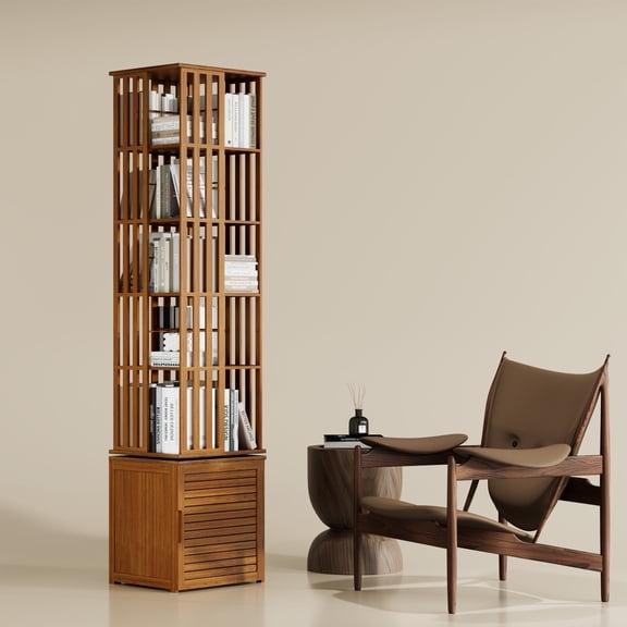 Yowos Rotating Bookcase with Storage Cabinet, Bamboo Bookshelf 360° Spinning 7 Tier Tall Narrow Display Tower Shelf, Walnut