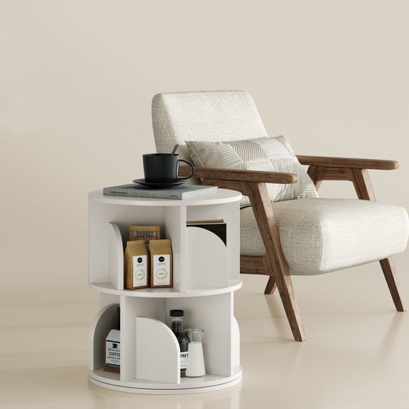 Yowos Rotating Bookshelf, 2 Tier Small White Bookcase Corner Shelves Display Storage Tower Space-Saving Revolving for Small Space