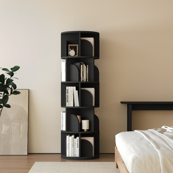 Yowos Rotating Bookshelf, 5 Tier Small Black Bookcase Corner Shelves Display Storage Tower Space-Saving Revolving for Small Space