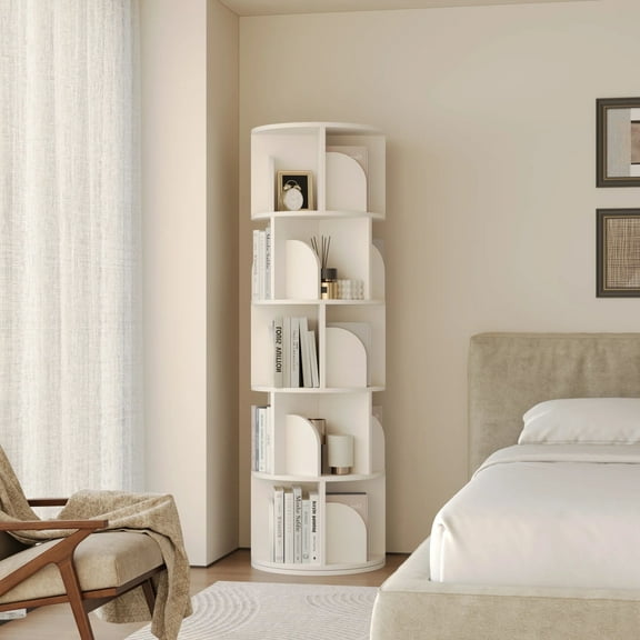 Yowos Rotating Bookshelf, 5 Tier Small Bookcase Corner Display Shelf for Small Space Wood Narrow Book Shelf Organizer for Living Room, White