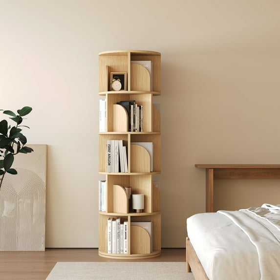 Yowos Rotating Bookshelf, 5 Tier Small Bookcase Corner Shelves Display Storage Tower Space-Saving Revolving for Small Space, Natural Color