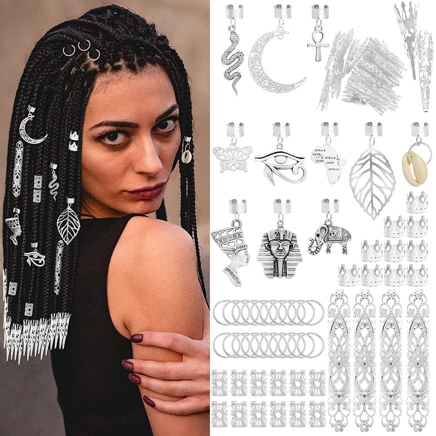 Yoyauz 107 Pieces Ear Clip Ornaments Hair Accessories Gold & Silver Braids Accessories Hair Accessories Pendants Braids Cuff Clip Accessories Women's Braid Decorations