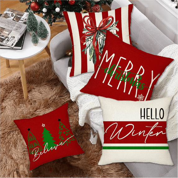 4Pack Christmas Decor Throw Pillow Covers Xmas Tree Holly Jolly Merry Christmas Let It Snow Cushion Cover Farmhouse Winter Holiday Red New Year Home Decor Pillowcases 18’’×18’’