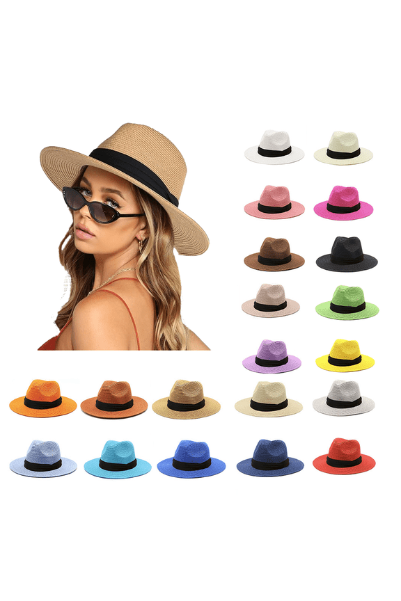 18 Color Straw Panama Roll Hat Wide Brim Straw Panama Hat Fedora Summer Beach Hat Straw Sun Hat Women's Summer Sun Sat