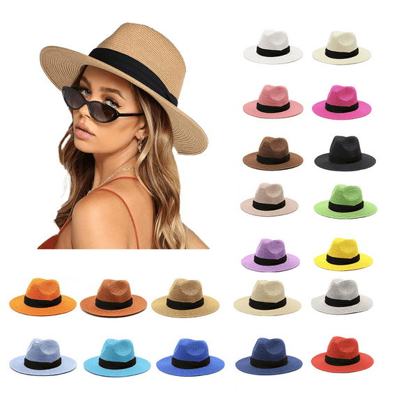 Yoyauz 18 Color Straw Panama Roll Hat Wide Brim Straw Panama Hat Fedora Summer Beach Hat Straw Sun Hat Women's Summer Sun Sat