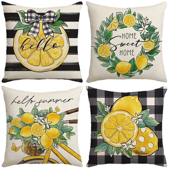 Yoyauz 18 x 18 Inch Summer New Lemon Fresh Printed Pillow Set Simple Sofa Bedside Fruit Linen Back Cushions