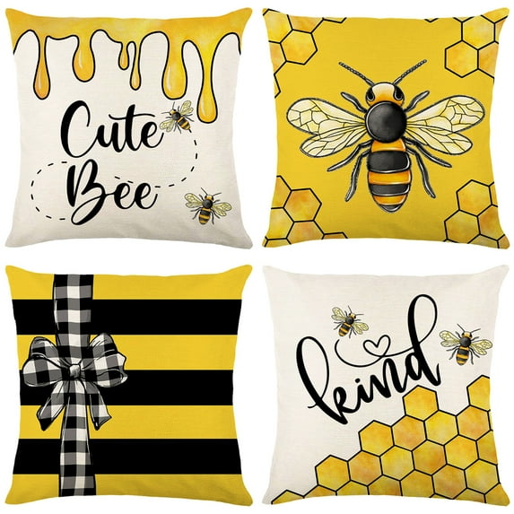 Yoyauz 18 "x18" Inch New Small Bee Pillow Cover Yellow and White Striped Home Sofa Cushion Cover Linen Letter Printing
