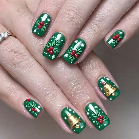 Yoyauz 24 PCS Christmas Fake Nail Green Berry Bell Design Short Fake Nail, Christmas Color Matching Nail for Winter DIY Nail Decoration