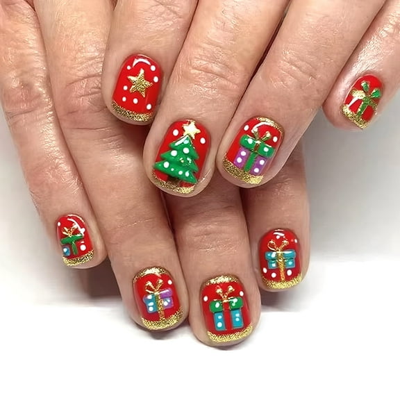 Yoyauz 24 PCS Christmas Fake Nails Shining Christmas Tree Gift Short Fake Nails, Christmas Holiday Red and Green Nails for DIY Nail Decoration in Winter