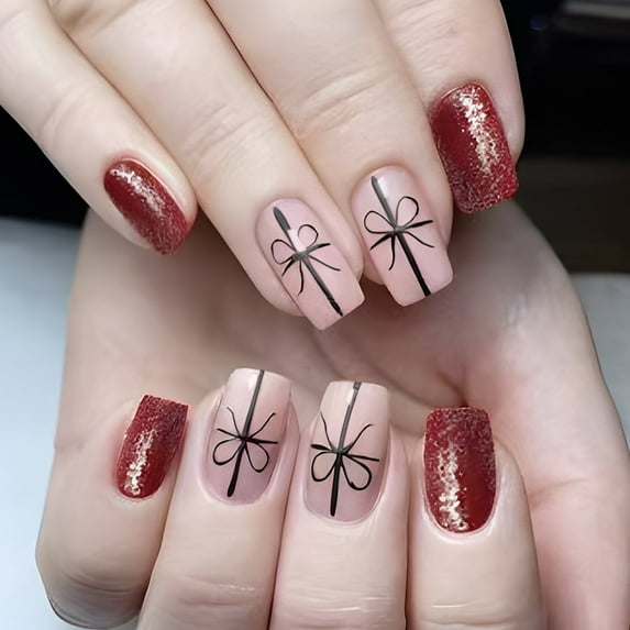 Yoyauz 24 PCS Christmas Fake Nails Shining Red Bow Design Short Fake Nails, Christmas Colored Nails Used for DIY Nail Decoration in Winter