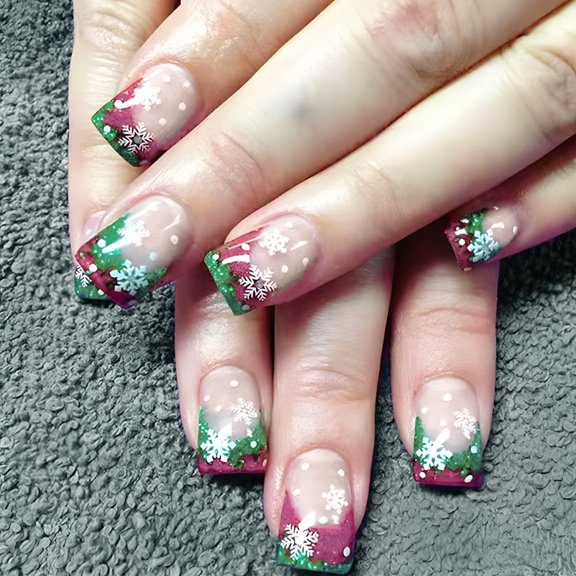 Yoyauz 24 PCS Christmas Fake Nails Shining Red Purple Snowflake Design Short Fake Nails, Christmas Color Matching Nails for Winter DIY Nail Decoration