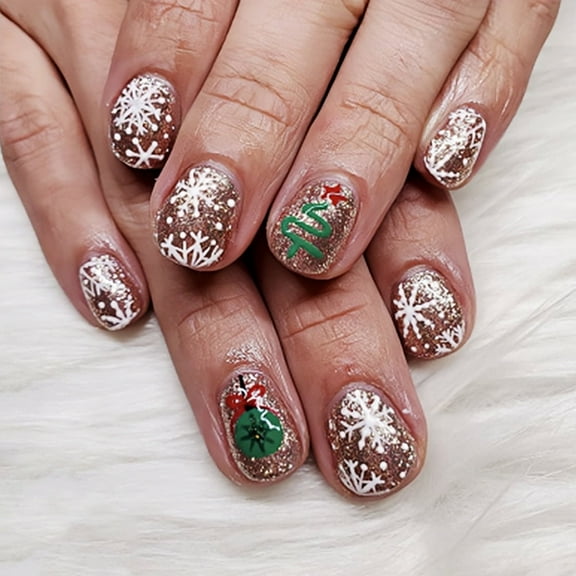 Yoyauz 24 PCS Christmas Fake Nails Sparkling Rose Gold Christmas Tree Design Short Fake Nails, Christmas Holiday Rose Gold Nails Used for DIY Nail Decoration in Winter