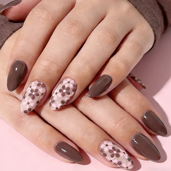 Yoyauz 24 Pieces Of Brown Pressed Nails, Complete Set Of Almond Short Square Spring And Summer Fake Nails With Floral Patterns, Reusable For Women To Stick On Nails
