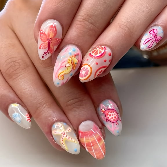 Yoyauz 24 Pieces Of Colorful Pressed Nails, Complete Set Of Almond Shaped Spring And Summer Fake Nails With Fruit Ocean Patterns, Reusable For Women To Stick On Nails