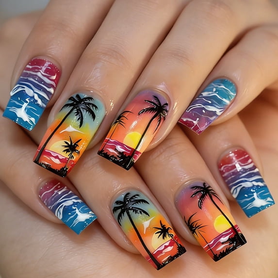 Yoyauz 24 Pieces Of Colorful Pressed Nails, Complete Set Of Square Spring And Summer Fake Nails With Sunset Ocean Coconut Tree Pattern, Women Can Reuse And Stick On Nails
