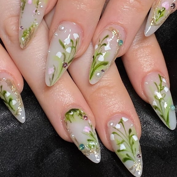 Yoyauz 24 Pieces Of Green Pressed Nails, Complete Set Of Medium To Long Pointed Spring And Summer Fake Nails With Hand-Painted Green Leaf Patterns, Reusable For Women To Stick On Nails