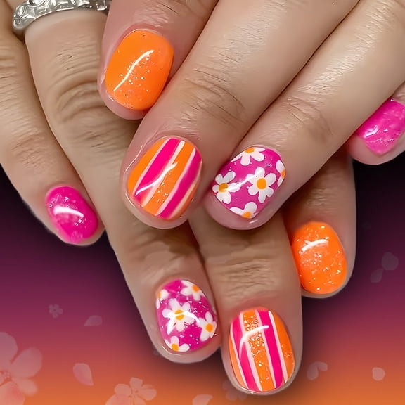 Yoyauz 24 Pieces Of Pink Orange Pressed Nails, Complete Set Of Almond Short Square Spring And Summer Fake Nails With Floral Patterns, Reusable For Women To Stick On Nails