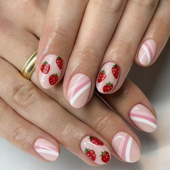 Yoyauz 24 Pieces Of Pink Pressed Nails, Complete Set Of Almond Shaped Spring/Summer Fake Nails With Strawberry Stripe Pattern, Reusable For Women To Stick On Nails