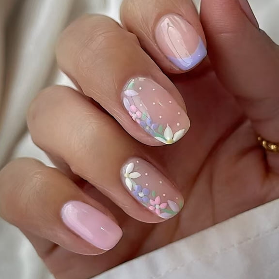 Yoyauz 24 Pieces Of Pink Pressed Nails, Complete Set Of Short Square Spring And Summer Fake Nails With Floral Patterns, Women Can Reuse And Stick On Nails